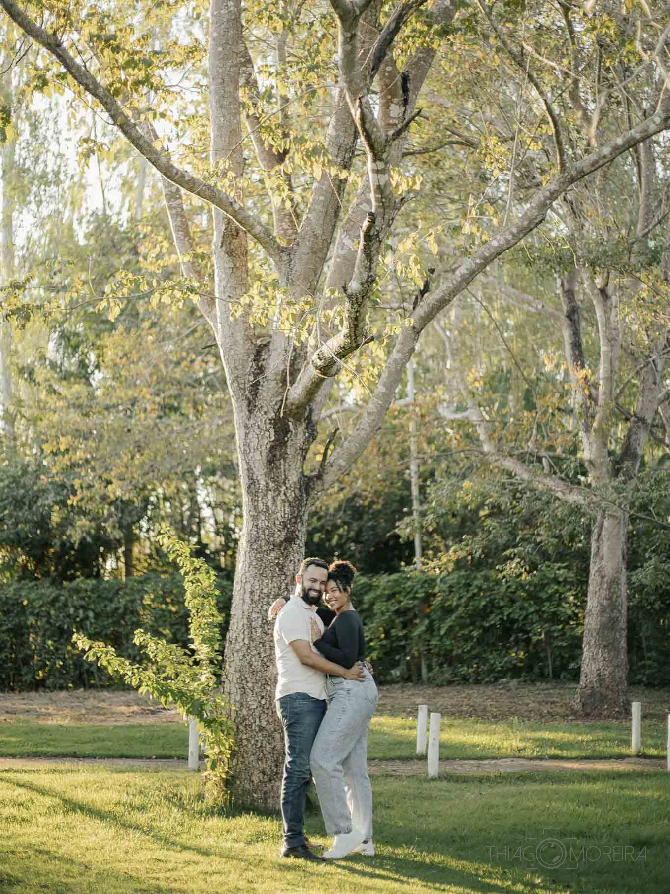 Casal abraçado junto a uma árvore em parque arborizado, no fim da tarde
